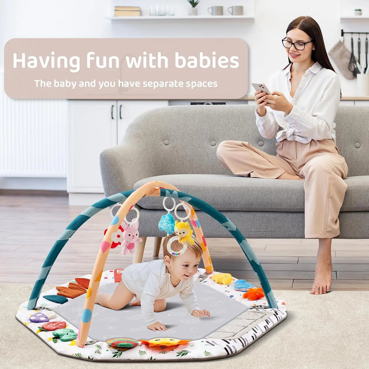 Baby Play Gym Mat with 6 Development Zones Tummy Time Activity Pad with 4 Detachable Sensory Toys for Infant Motor Skill Develop