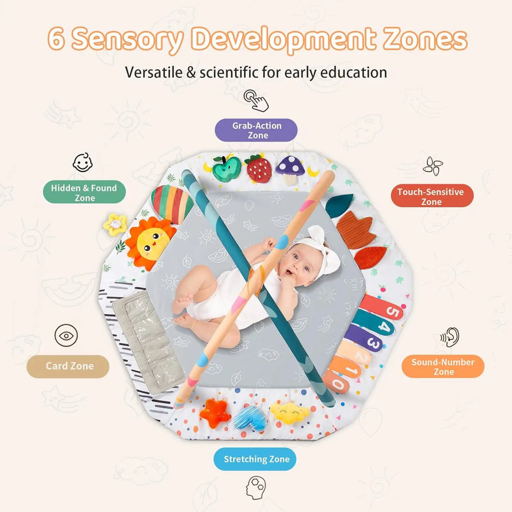 Baby Play Gym Mat with 6 Development Zones Tummy Time Activity Pad with 4 Detachable Sensory Toys for Infant Motor Skill Develop