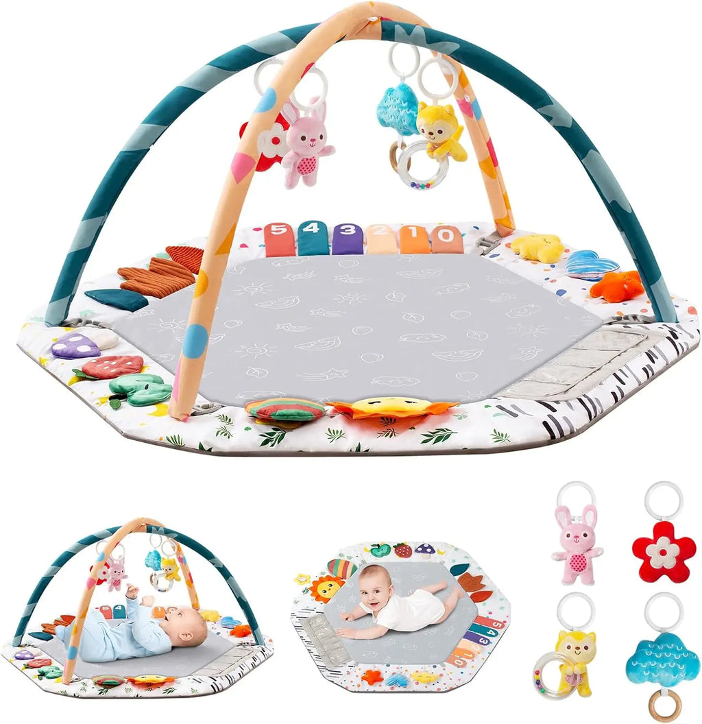 Baby Play Gym Mat with 6 Development Zones Tummy Time Activity Pad with 4 Detachable Sensory Toys for Infant Motor Skill Develop