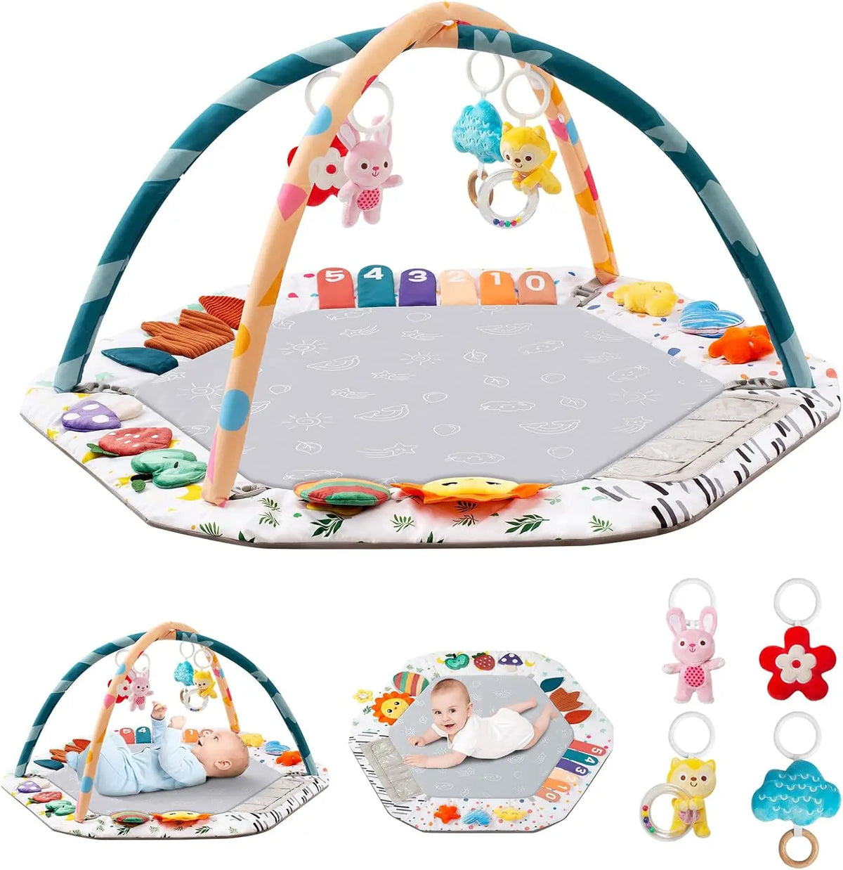 Baby Play Gym Mat with 6 Development Zones Tummy Time Activity Pad with 4 Detachable Sensory Toys for Infant Motor Skill Develop